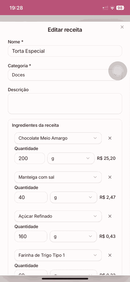 Tela do DoceDesk mostrando ingredientes, quantidades, embalagens e tempo de trabalho utilizados em uma receita