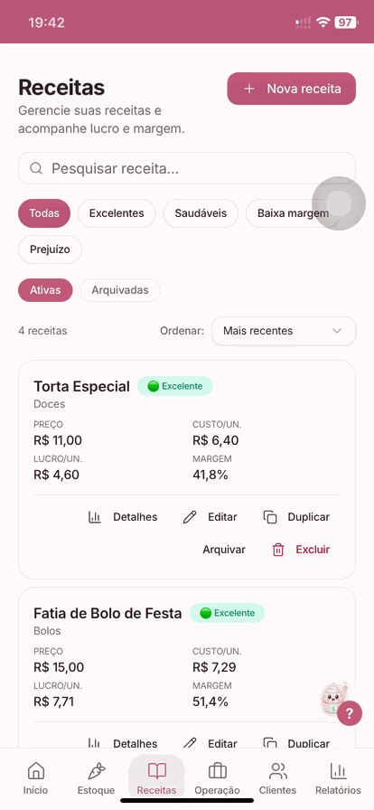 Tela do DoceDesk mostrando preço, custo, lucro e margem das receitas